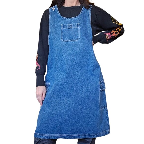 90s‎ Womens Overall Dress Denim Jean Cargo Sz L Blue Sleeveless Teacher NWT Sz L - Picture 1 of 8